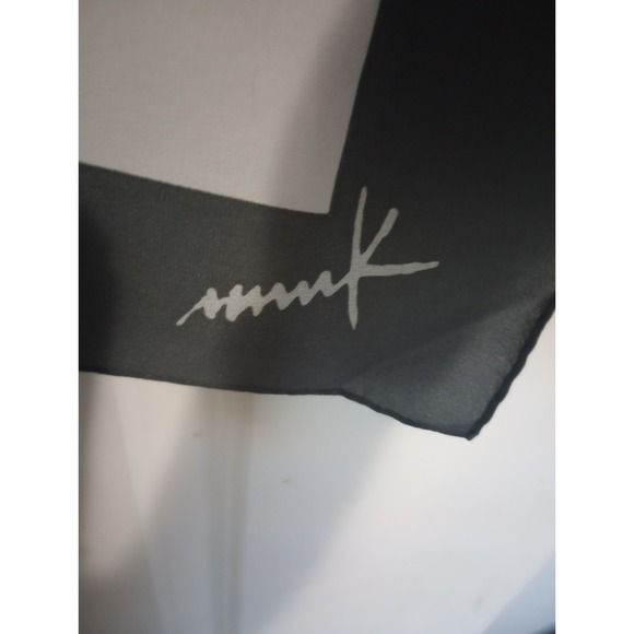 Vintage Signed mmK Silk Scarf 33" Abstract Geometric Op Art Black Ivory Crepe de - Picture 3 of 5